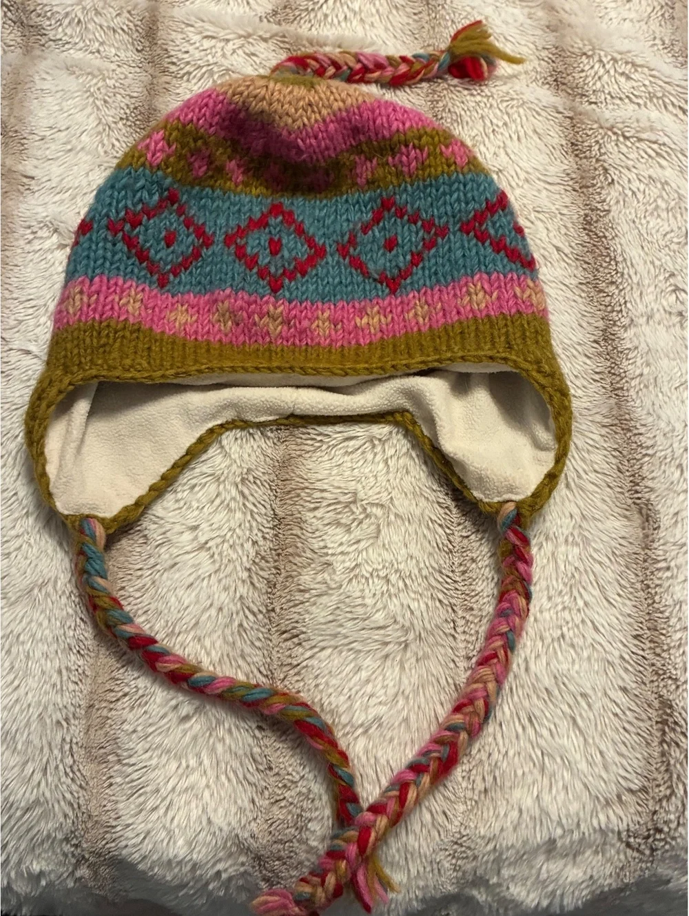 Handmade Peruvian/Nepalese Fair Isle Fleece-Lined Wool Earflap Beanie Hat